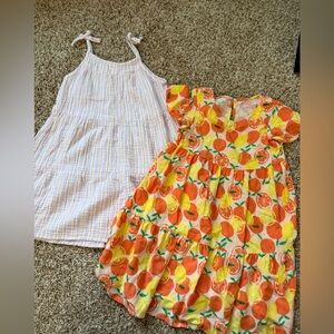 Cat & Jack Orange Peach Print & Tiered Dress with Pink Striped Sundress SZ 5